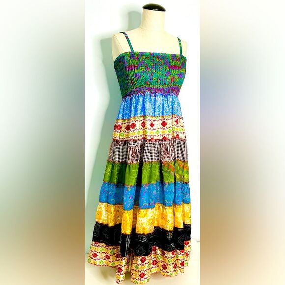India Boutique Boho Recycled Patchwork Midi Dress with Smocked Bust “Free Size” - Picture 1 of 8